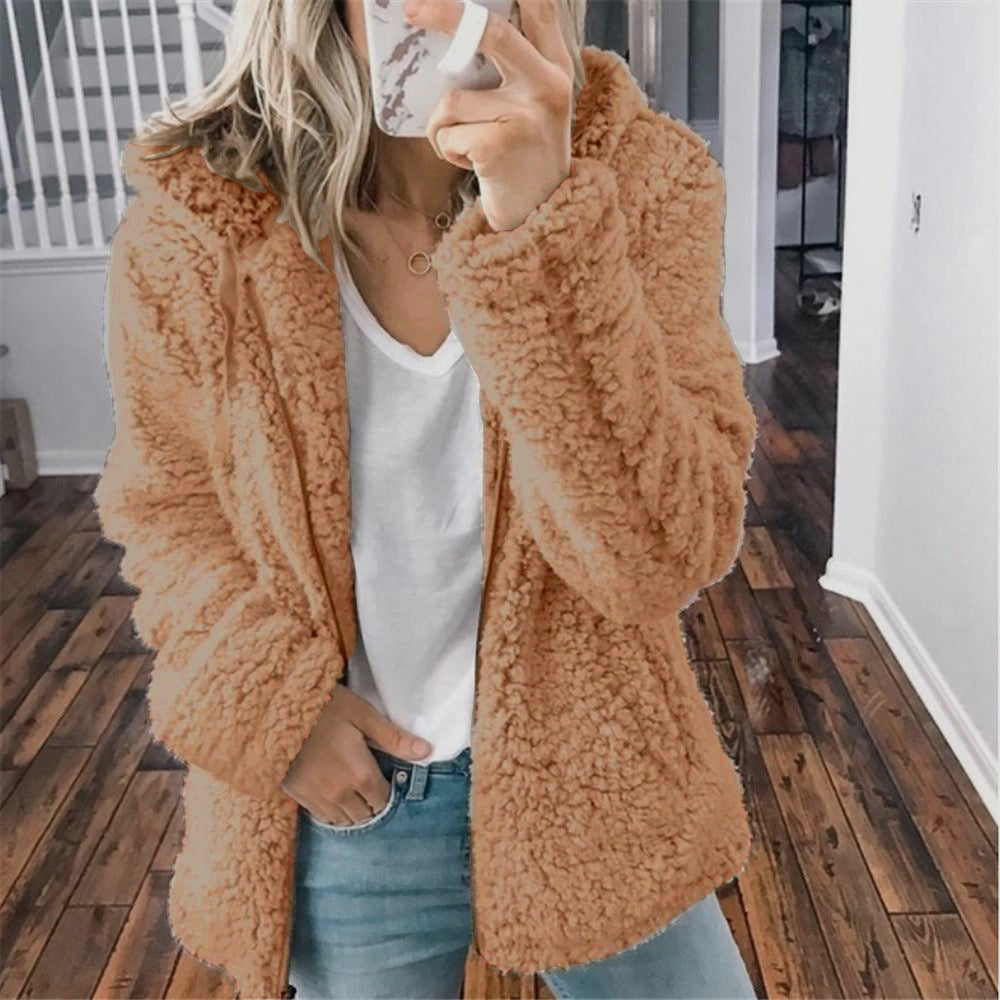 European and American women's hooded woolen autumn and winter top jacket