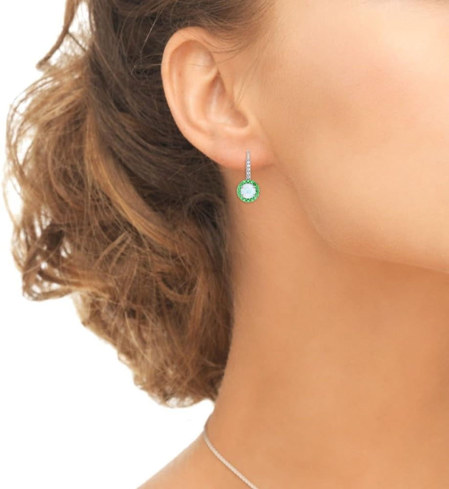 Sterling Silver Synthetic White Opal & Simulated Gemstone round Halo Leverback Earrings