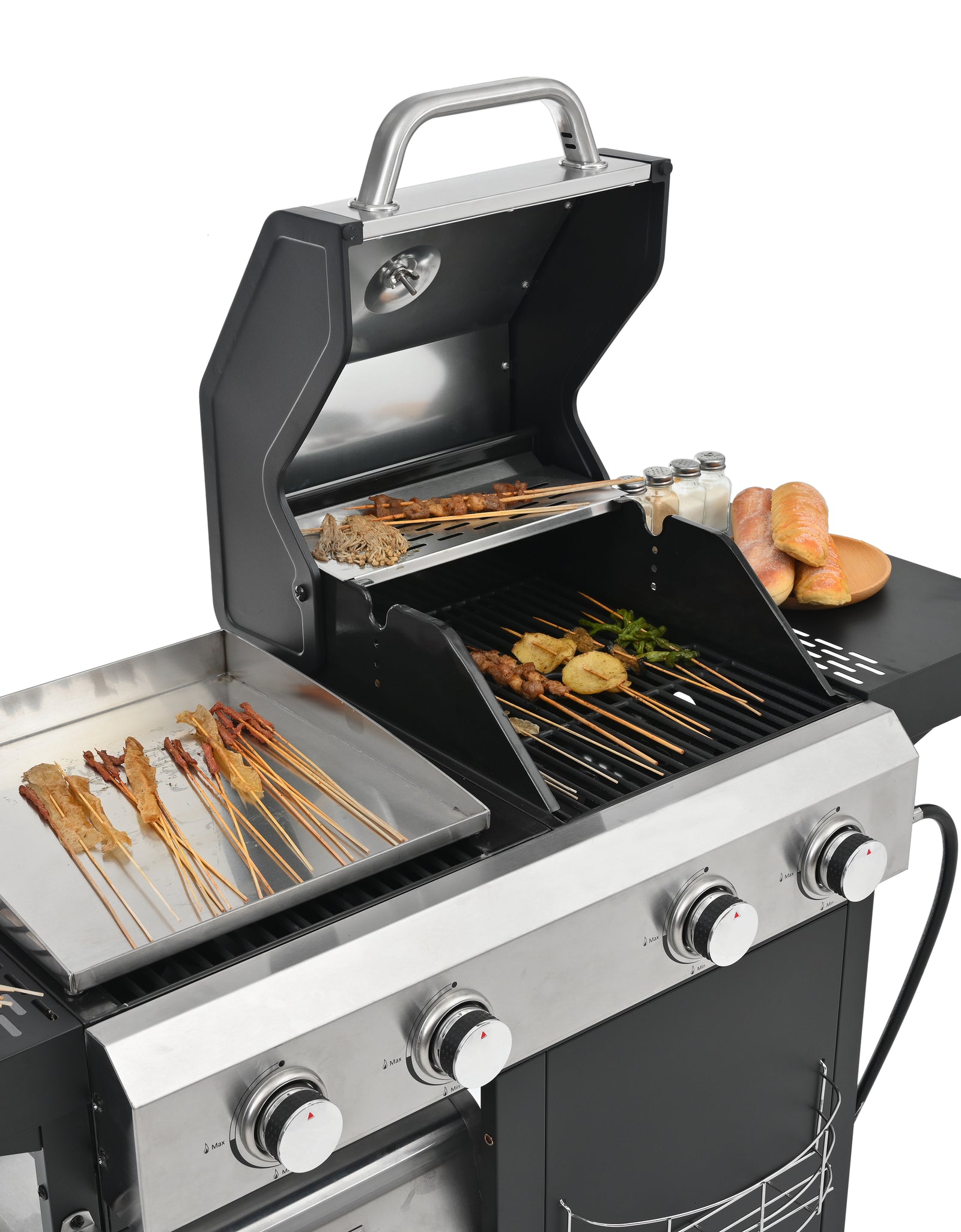2+2 multifunctional gas barbecue grill and covered grill combination for outdoor cooking - barbecue, barbecue, pizza.