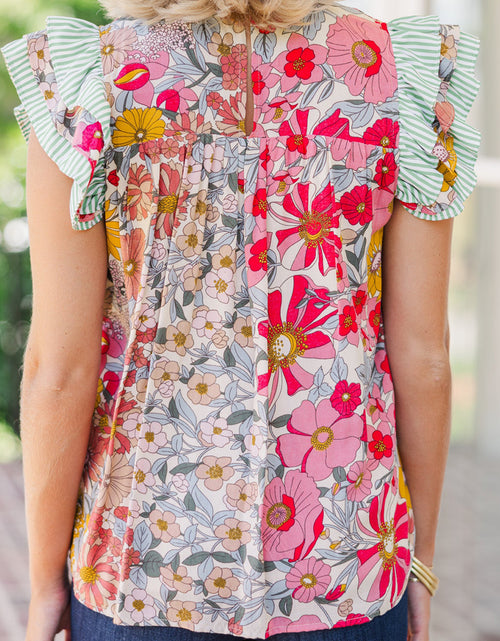 Bild in Galerie-Viewer laden, Pink Floral Print Ruffle Trim Pleated Boho Blouse
