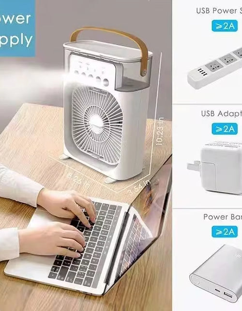 Bild in Galerie-Viewer laden, Water Mist Electric Fan Air Humidifier LED Night Light Suitable for Families Portable Air Conditioner Triple Cooler Cooling Home
