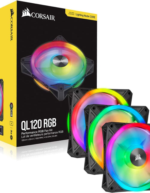 Load image into Gallery viewer, QL Series, Ql120 RGB, 120Mm RGB LED Fan, Triple Pack with Lighting Node Core, Black, Compatible with Desktop
