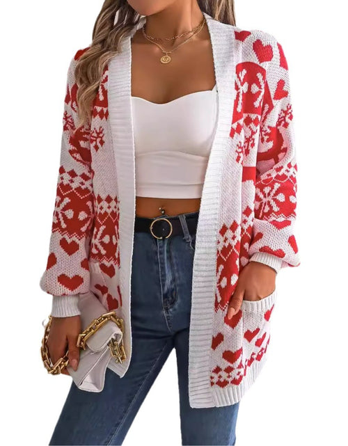 Load image into Gallery viewer, Christmas Clothes Women&#39;s Open Front Cardigan Knitwear Lantern Sleeve Xmas Printed Oversized Deer Sweater Pockets Knitted
