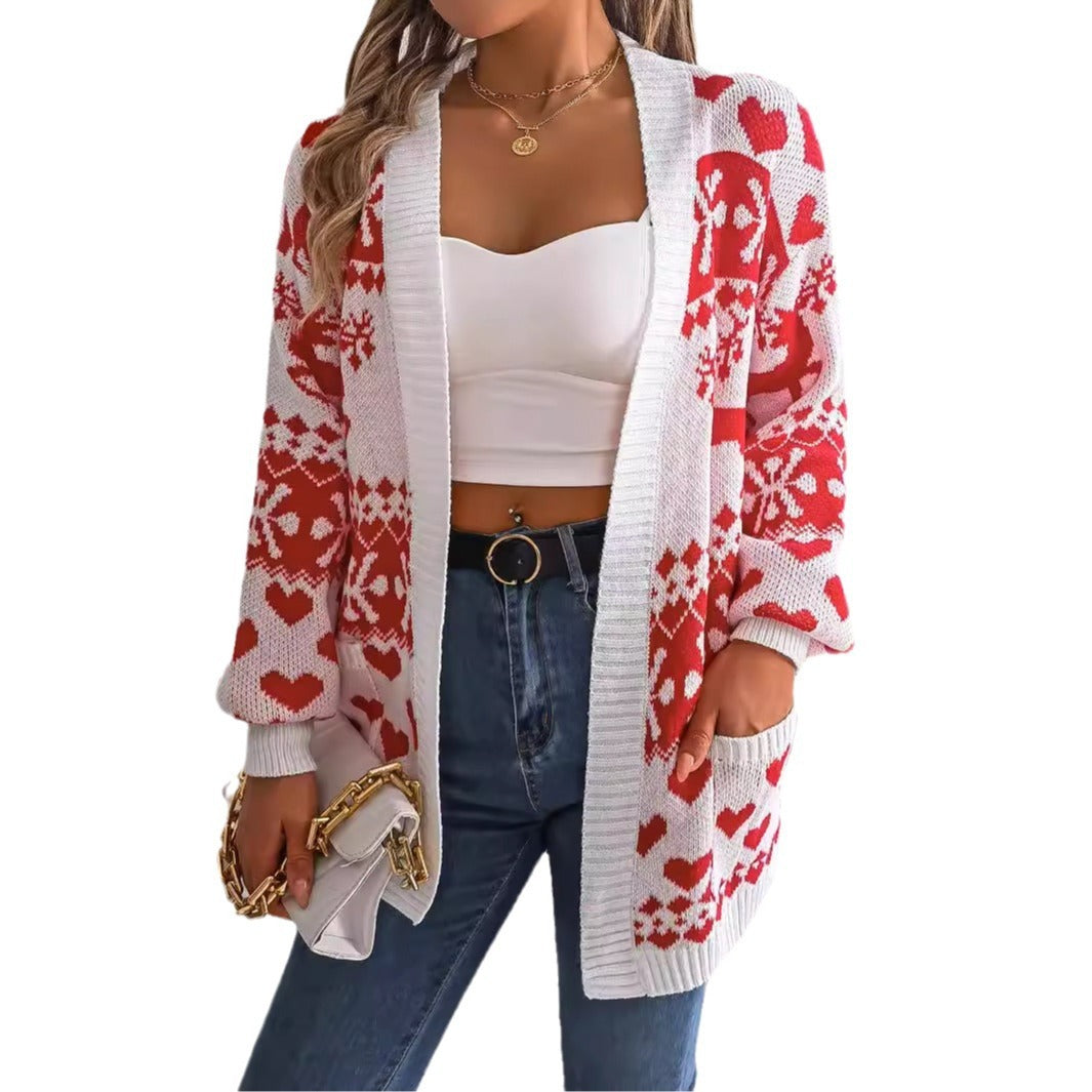 Christmas Clothes Women's Open Front Cardigan Knitwear Lantern Sleeve Xmas Printed Oversized Deer Sweater Pockets Knitted