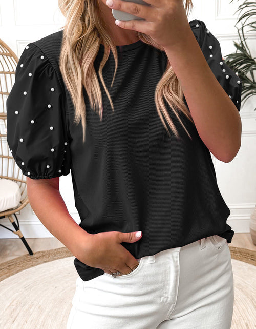 Load image into Gallery viewer, Bright Pink Pearl Beaded Puff Sleeve Ribbed Top
