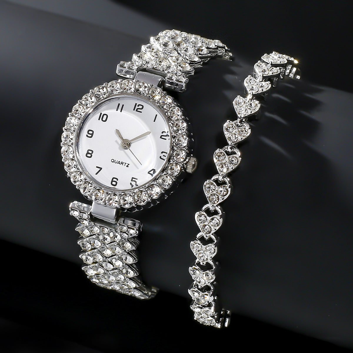 Conjunto de 2 piezas de joyería de moda de lujo para mujer, reloj de pulsera de cuarzo con correa plateada, pulsera de aleación para mujer, conjunto de joyería, reloj de regalo
