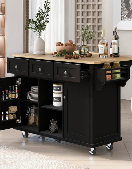 Load image into Gallery viewer, Kitchen trolley with rubber wood leaf countertop, 5-wheel kitchen island, storage cabinet and 3 dining drawers, black
