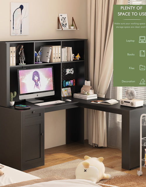 Load image into Gallery viewer, Writing desk with drawer bookshelf and charger, modern L-shaped desk with storage space, corner gaming computer desk

