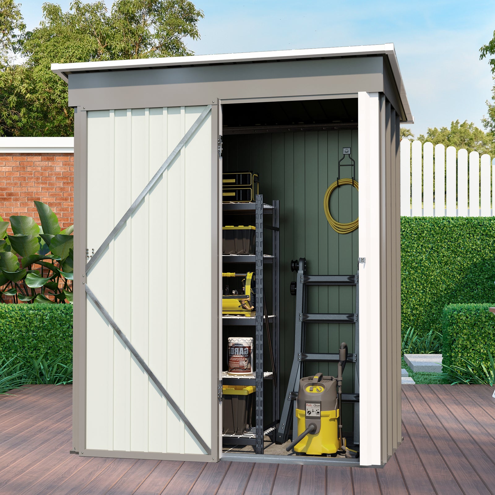 5 * 3FT outdoor storage shed, tool shed with sloping roof and lockable door, backyard garden metal shed, courtyard lawn, gray
