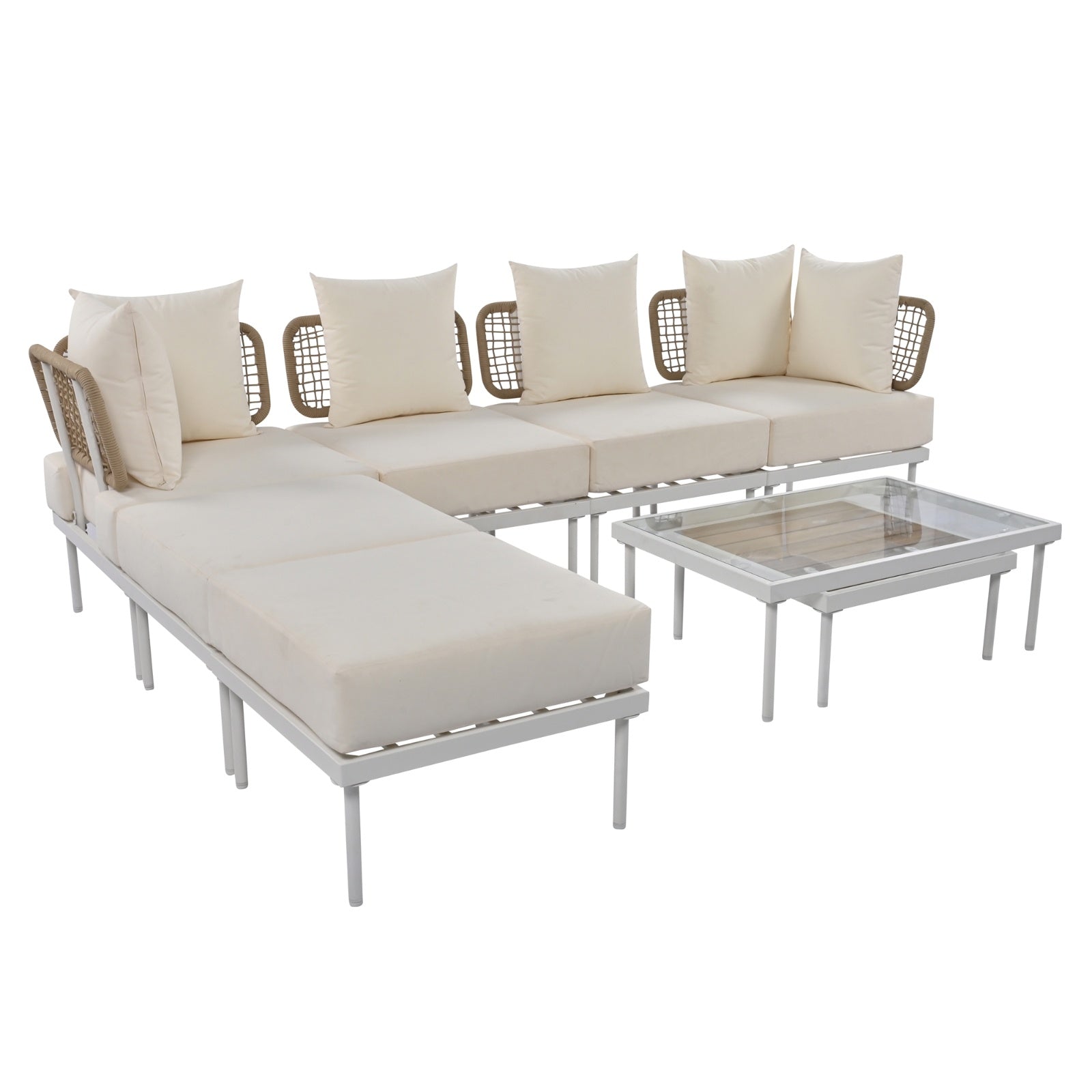 TREXM 8-Piece Patio Sectional Sofa Set With Tempered Glass Coffee Table And Wooden Coffee Table For