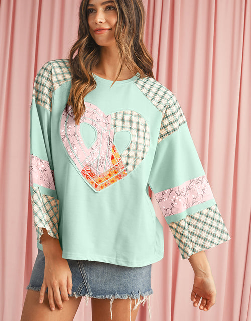 Load image into Gallery viewer, Beige Plaid Floral Patchwork Heart Long Sleeve Top
