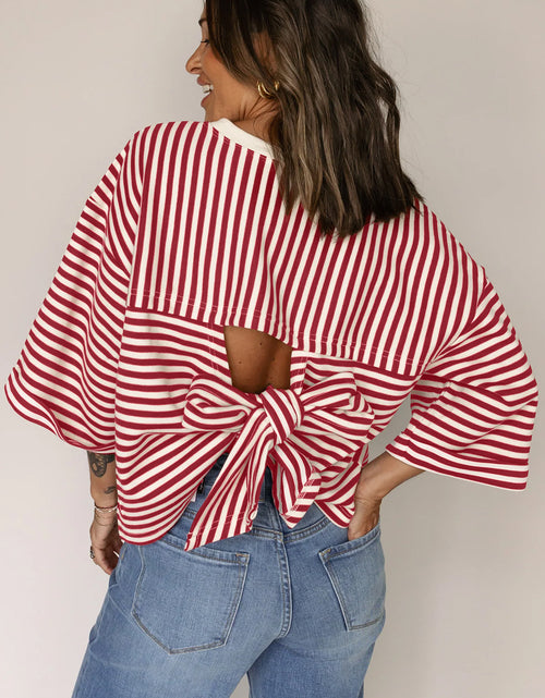Load image into Gallery viewer, Red Striped Bowknot Backless T-Shirt
