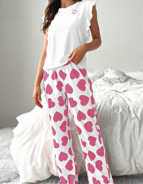 Load image into Gallery viewer, Pink Heart Print Ruffle Sleeveless Top and Pants Pajama Set
