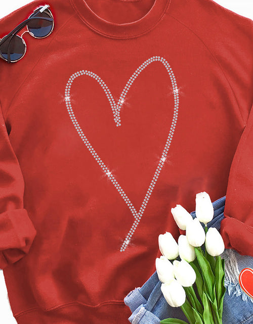 Cargar imagen en el visor de la galería, Red Casual Rhinestone Heart Shaped Graphic Sweatshirt
