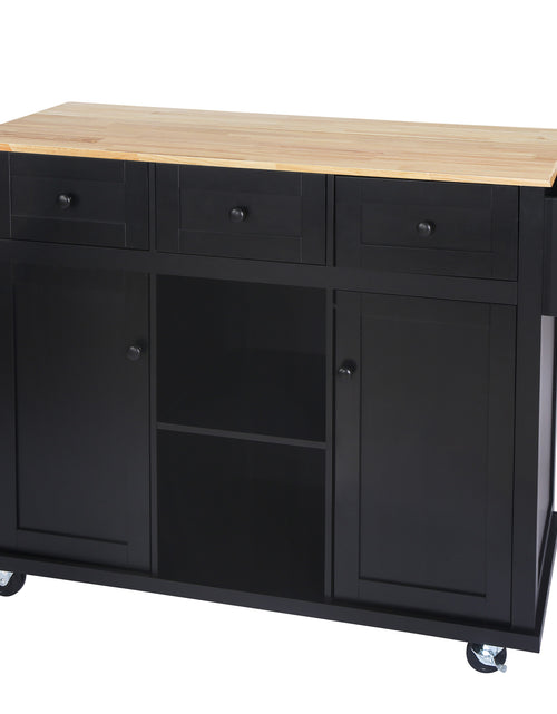 Load image into Gallery viewer, Kitchen trolley with rubber wood leaf countertop, 5-wheel kitchen island, storage cabinet and 3 dining drawers, black
