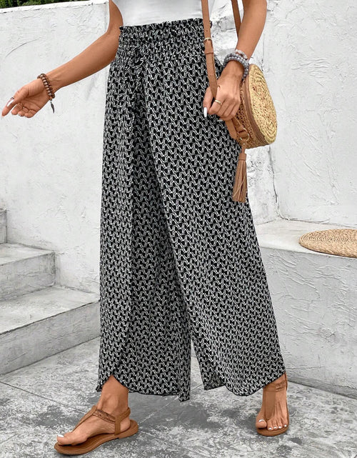 Load image into Gallery viewer, Pink Floral Shirred Side Slit Wide Leg Pants
