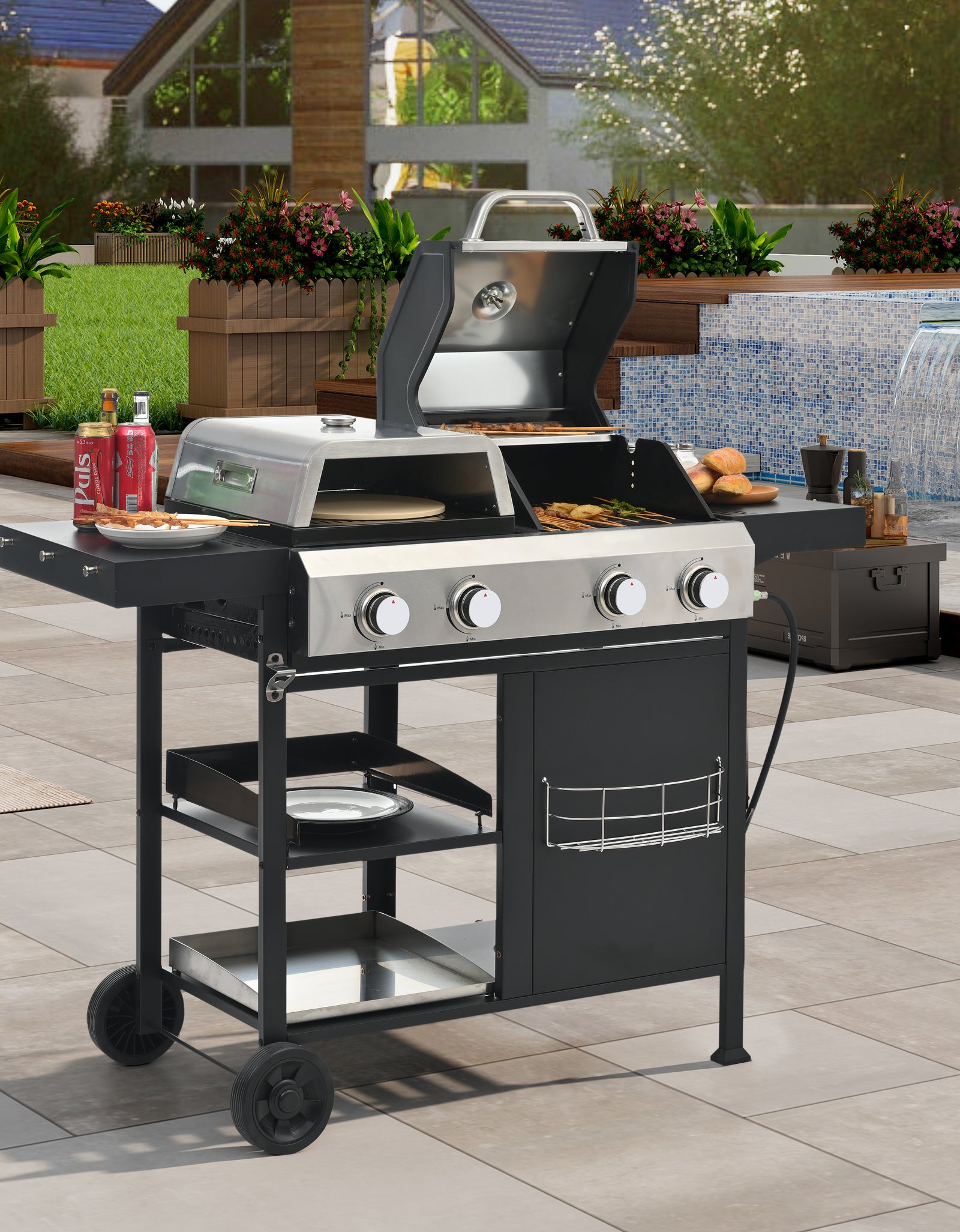 2+2 multifunctional gas barbecue grill and covered grill combination for outdoor cooking - barbecue, barbecue, pizza.