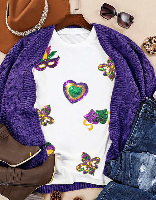 Load image into Gallery viewer, White Sequined Mardi Gras Symbolic Pattern Casual Tee
