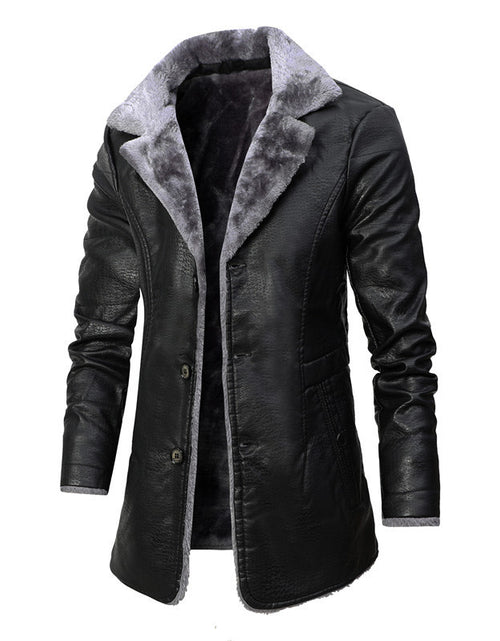 Load image into Gallery viewer, Plush Lapel Leather Jacket Winter Warm Fleece Single-breasted Coat For Men Long Clothing
