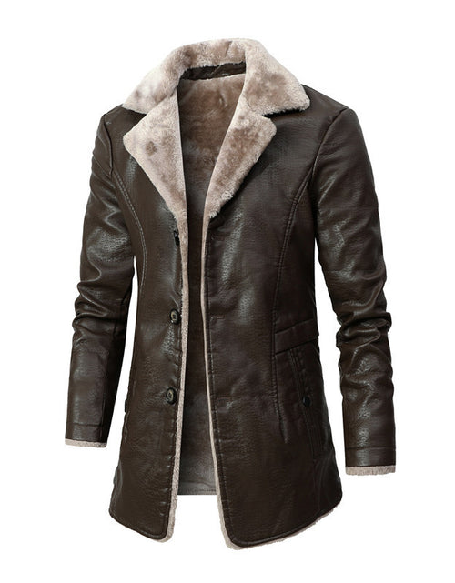 Load image into Gallery viewer, Plush Lapel Leather Jacket Winter Warm Fleece Single-breasted Coat For Men Long Clothing
