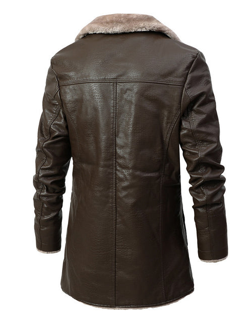 Load image into Gallery viewer, Plush Lapel Leather Jacket Winter Warm Fleece Single-breasted Coat For Men Long Clothing
