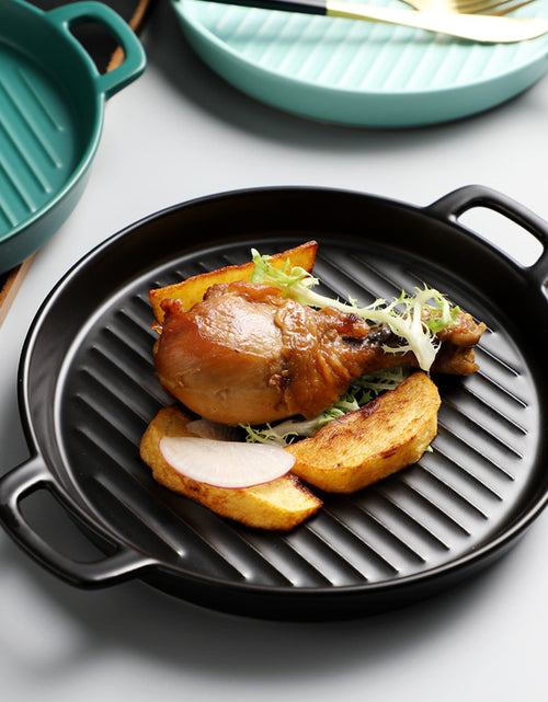 Load image into Gallery viewer, Binaural Baking Tray Pizza Tray Round Dish Plate Dish Creative Oven Ceramic Net Celebrity Tableware Microwave Flat Plate
