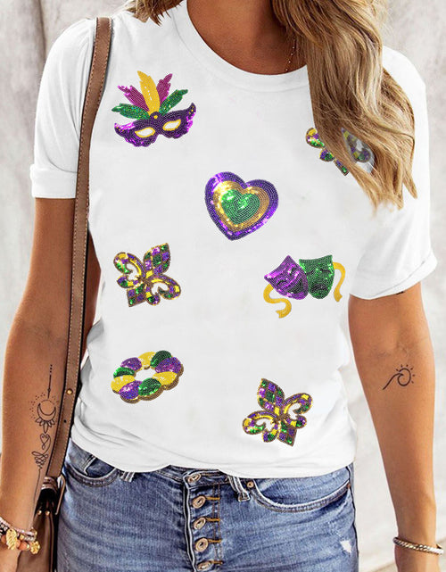Load image into Gallery viewer, White Sequined Mardi Gras Symbolic Pattern Casual Tee
