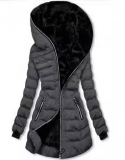 Load image into Gallery viewer, Women&#39;s cotton clothing hooded long sleeved warm and plush cotton clothing winter mid to long zipper jacket
