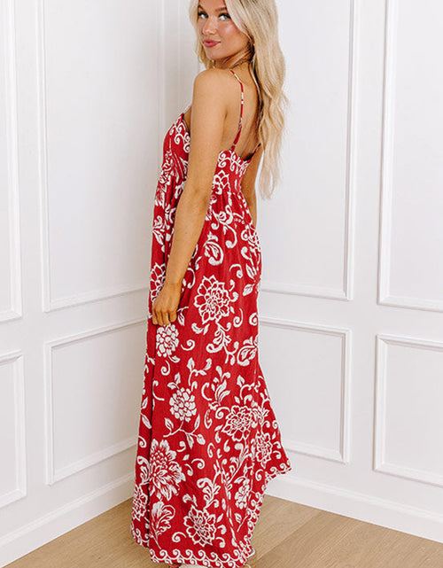 Load image into Gallery viewer, Red Floral Print Spaghetti Strap Empire Waist Maxi Dress
