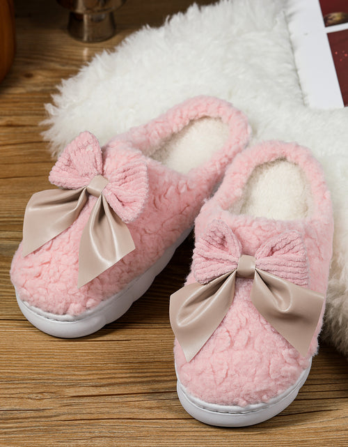 Bild in Galerie-Viewer laden, Pink Contrast Bowknot Applique Plush Winter Slippers
