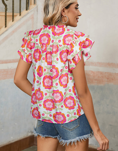 Load image into Gallery viewer, Rose Boho Floral Print Ricrac Ruffle Sleeve Blouse
