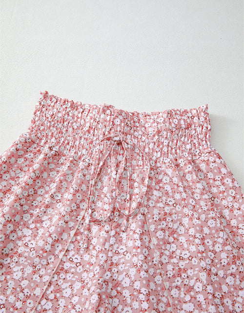 Load image into Gallery viewer, Pink Floral Shirred Side Slit Wide Leg Pants
