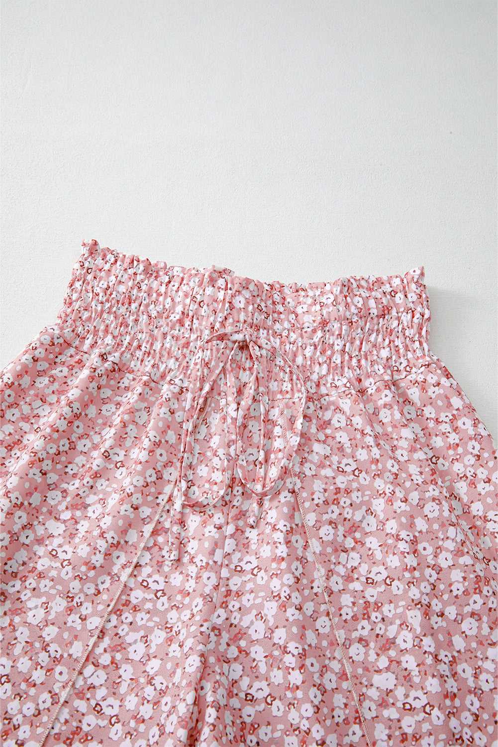 Pink Floral Shirred Side Slit Wide Leg Pants