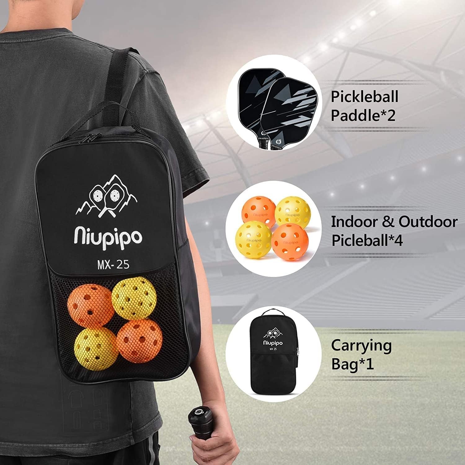 Pickleball Paddles, Lightweight Pickleball Rackets W/Fiberglass Surface, Pickleball Set with 4 Pickleball Balls and 1 Bag