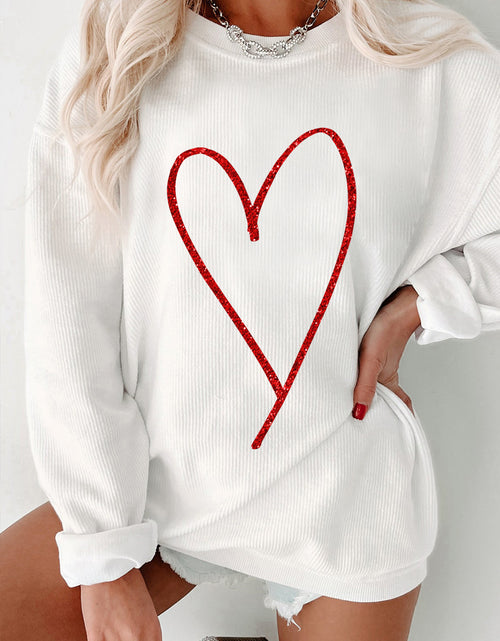 Cargar imagen en el visor de la galería, White Glitter Heart Print Corded Graphic Pullover Sweatshirt
