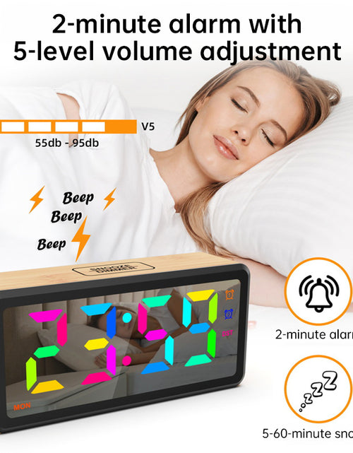 Cargar imagen en el visor de la galería, LED Wood-Grain Wooden Clock, RGB Color-Changing Dimming, Daylight Saving Time &amp; Week Display, Desktop Electronic Alarm Clock
