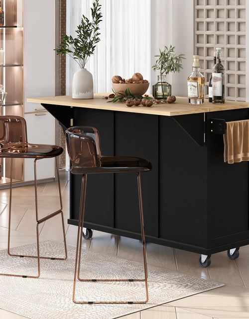 Load image into Gallery viewer, Kitchen trolley with rubber wood leaf countertop, 5-wheel kitchen island, storage cabinet and 3 dining drawers, black
