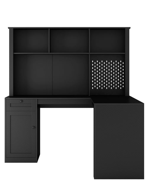 Load image into Gallery viewer, Writing desk with drawer bookshelf and charger, modern L-shaped desk with storage space, corner gaming computer desk
