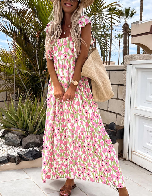 Load image into Gallery viewer, Pink Floral Print Square Neck Ruffled Strap Maxi Dress
