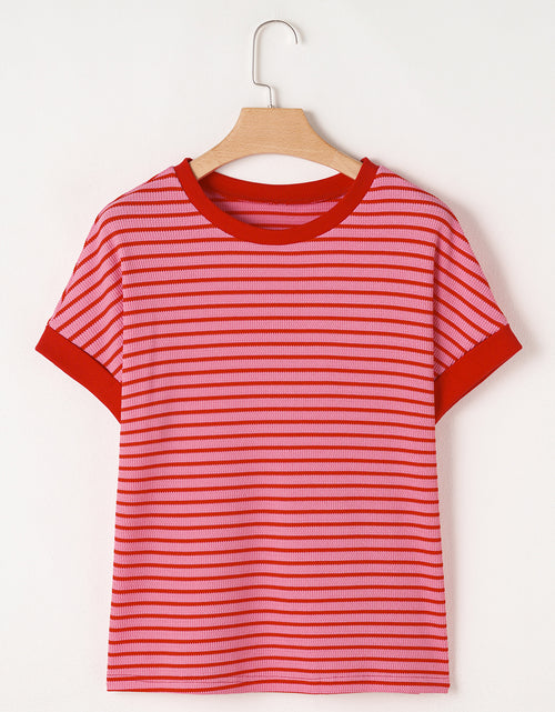 Load image into Gallery viewer, Pink Stripe Knitted Round Neck T Shirt
