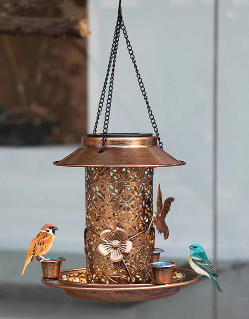 Load image into Gallery viewer, Outdoor solar powered lamp metal hanging bird feeder feeding and watering dual-purpose bird feeder decorative lamp
