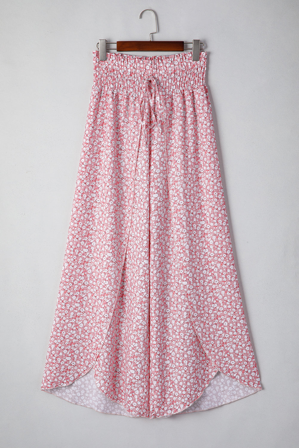 Pink Floral Shirred Side Slit Wide Leg Pants