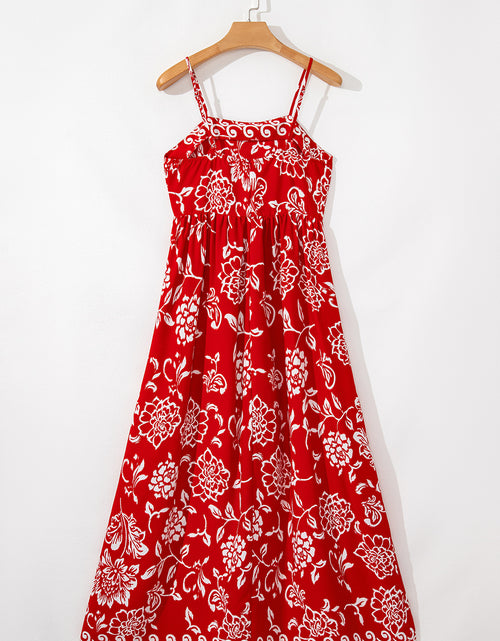Load image into Gallery viewer, Red Floral Print Spaghetti Strap Empire Waist Maxi Dress
