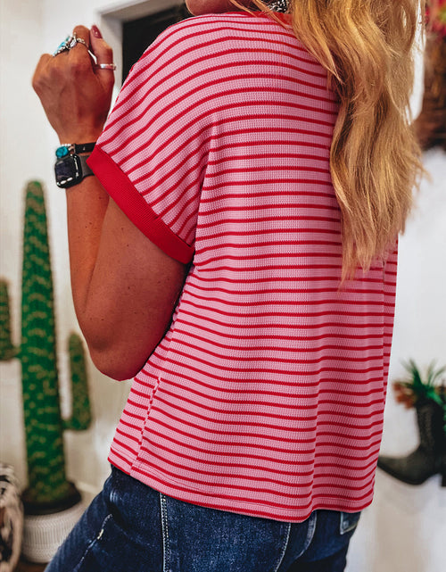 Load image into Gallery viewer, Pink Stripe Knitted Round Neck T Shirt
