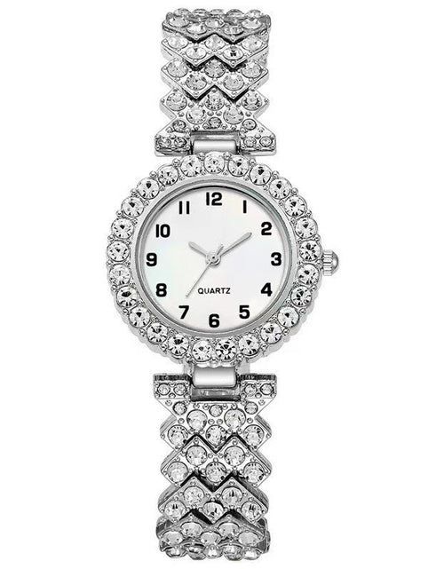 Cargar imagen en el visor de la galería, Conjunto de 2 piezas de joyería de moda de lujo para mujer, reloj de pulsera de cuarzo con correa plateada, pulsera de aleación para mujer, conjunto de joyería, reloj de regalo
