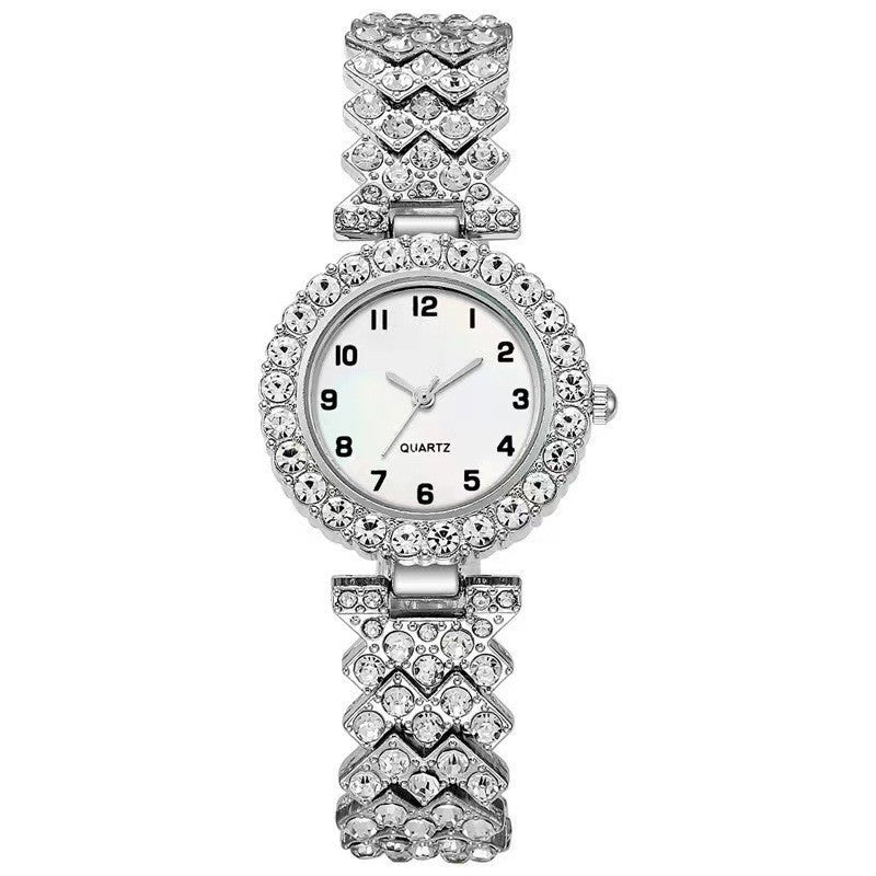 Conjunto de 2 piezas de joyería de moda de lujo para mujer, reloj de pulsera de cuarzo con correa plateada, pulsera de aleación para mujer, conjunto de joyería, reloj de regalo