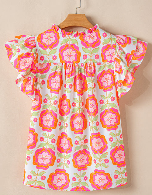 Load image into Gallery viewer, Rose Boho Floral Print Ricrac Ruffle Sleeve Blouse
