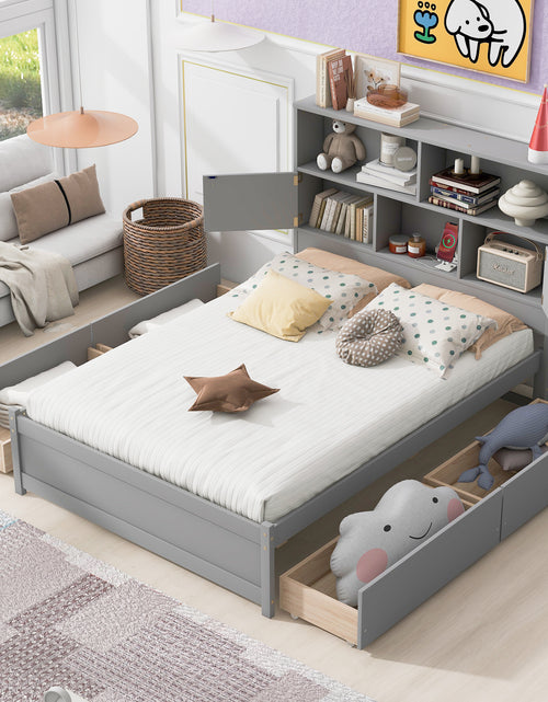 Load image into Gallery viewer, Full Size Platform Bed with Storage Headboard, Charging Station and 4 Drawers, Gray
