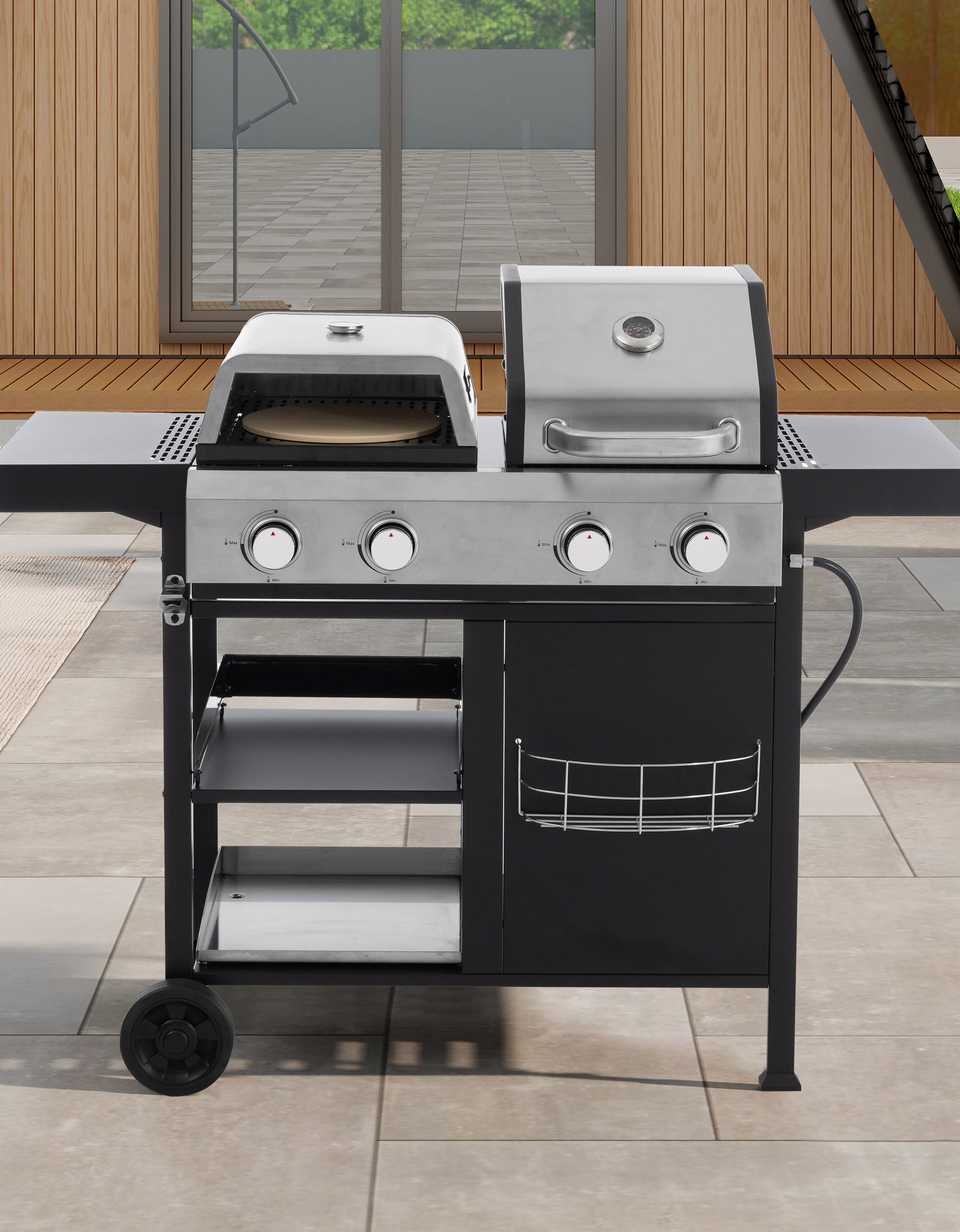2+2 multifunctional gas barbecue grill and covered grill combination for outdoor cooking - barbecue, barbecue, pizza.