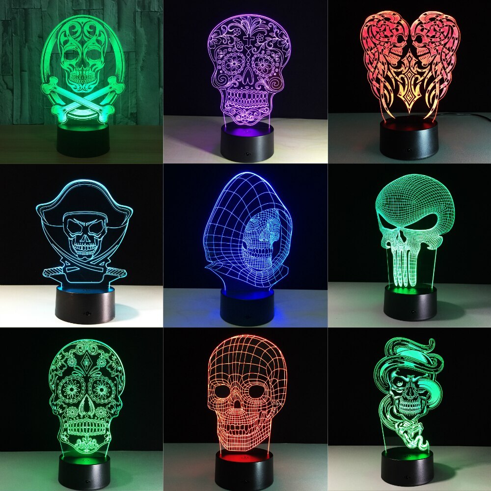 Luz nocturna 3D con forma de calavera y flores